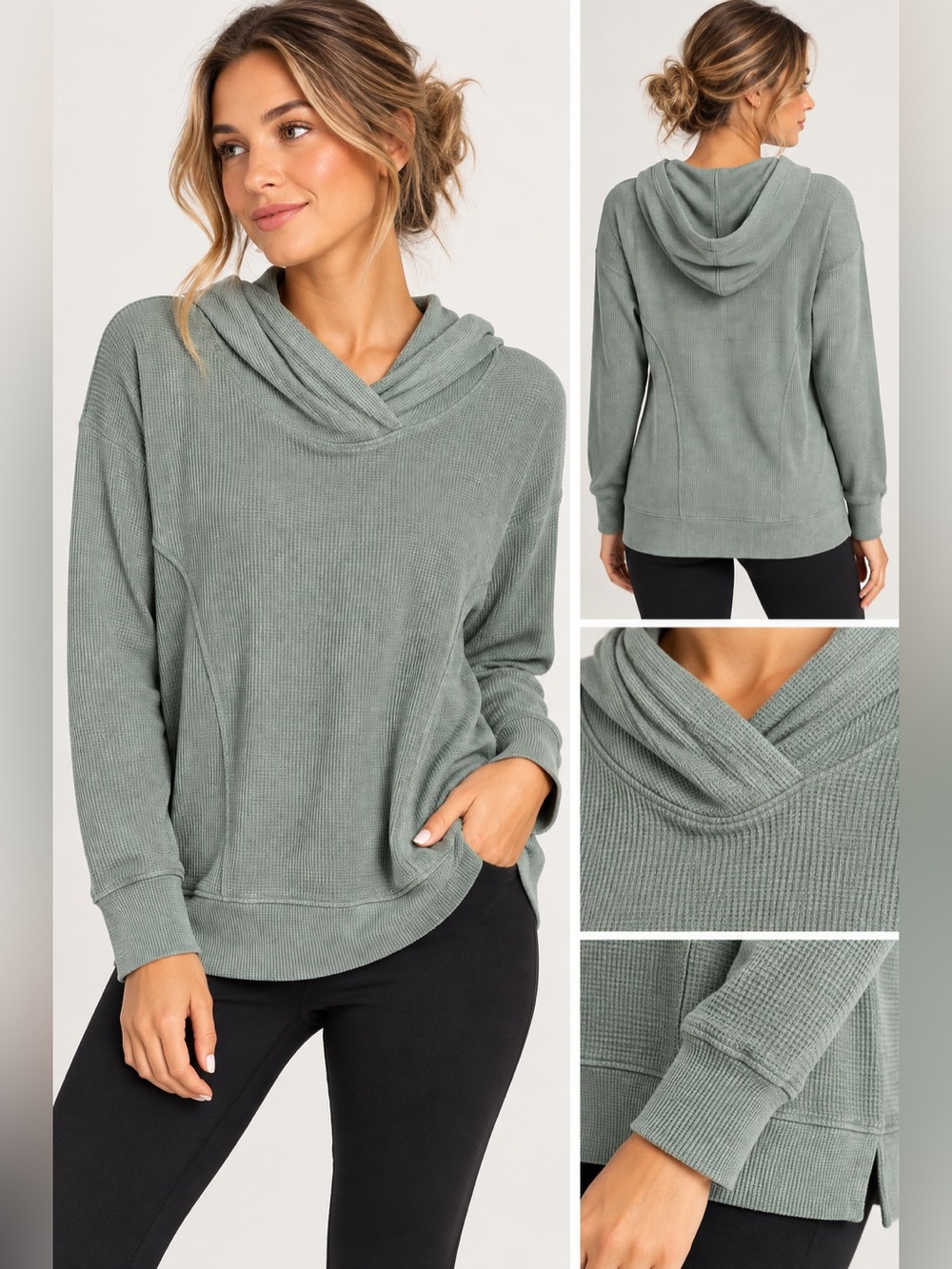 Jockey Women’s Sage Green Waffle Knit Hooded Top XS NWT